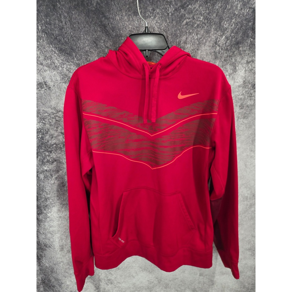 Nike Hoodie Mens Medium Red Chevron Graphic Fleece Therma Fit Kangaroo Pocket
